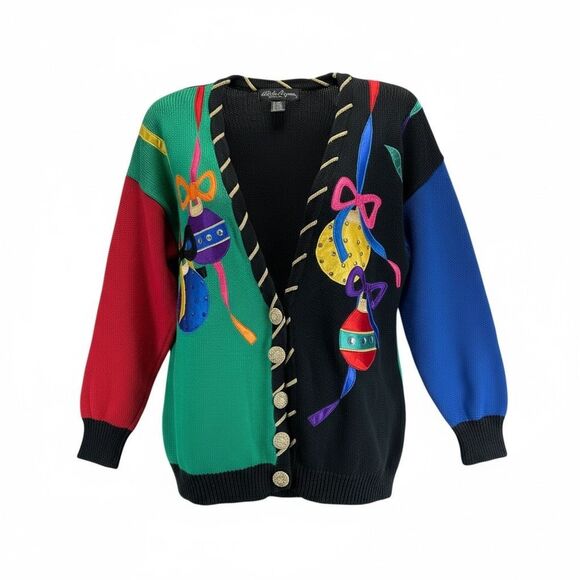 Vtg 80s 90s Ornament Cardigan M Holiday Ugly Sweater Embellished Buttons - Picture 1 of 1